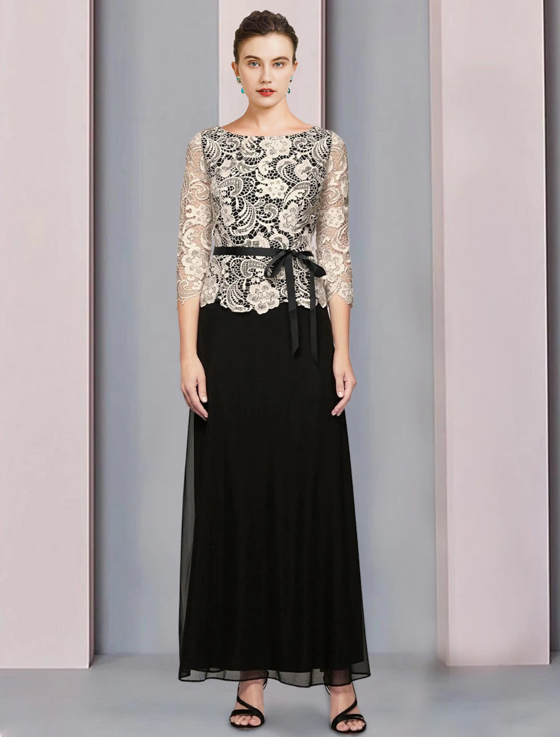 Abito da cerimonia per la madre della sposa, a trapezio, elegante, con scollo a barchetta, lunghezza al pavimento, in chiffon e pizzo, manica a 3/4 con fiocco/i, color block